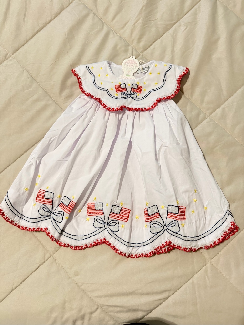 Embroidered White Sash Dress with American Flag Detail